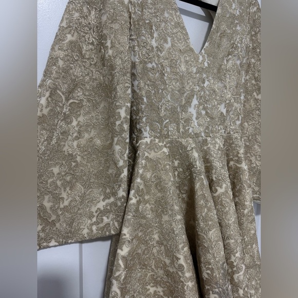 Gold Brocade Fit & Flare‎ Dress with Bell Sleeves and Open Back – Size S/M - Picture 3 of 4